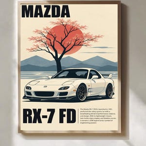 May include: A poster featuring a white Mazda RX-7 FD sports car parked before a large red sun, a dark tree, and blue mountains. The text reads MAZDA RX-7 FD and includes a paragraph describing the vehicle's history and performance.