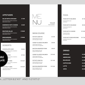 Plantilla de menú de restaurante, plantilla de menú de comida editable, menú de restaurante imprimible, plantilla de menú personalizable, plantilla de menú personalizable