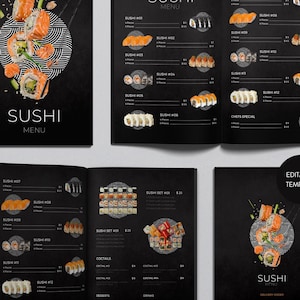 Plantilla de menú de sushi, plantilla de menú de comida japonesa editable, menú de comida de sushi, plantilla de menú minimalista personalizable, menú moderno