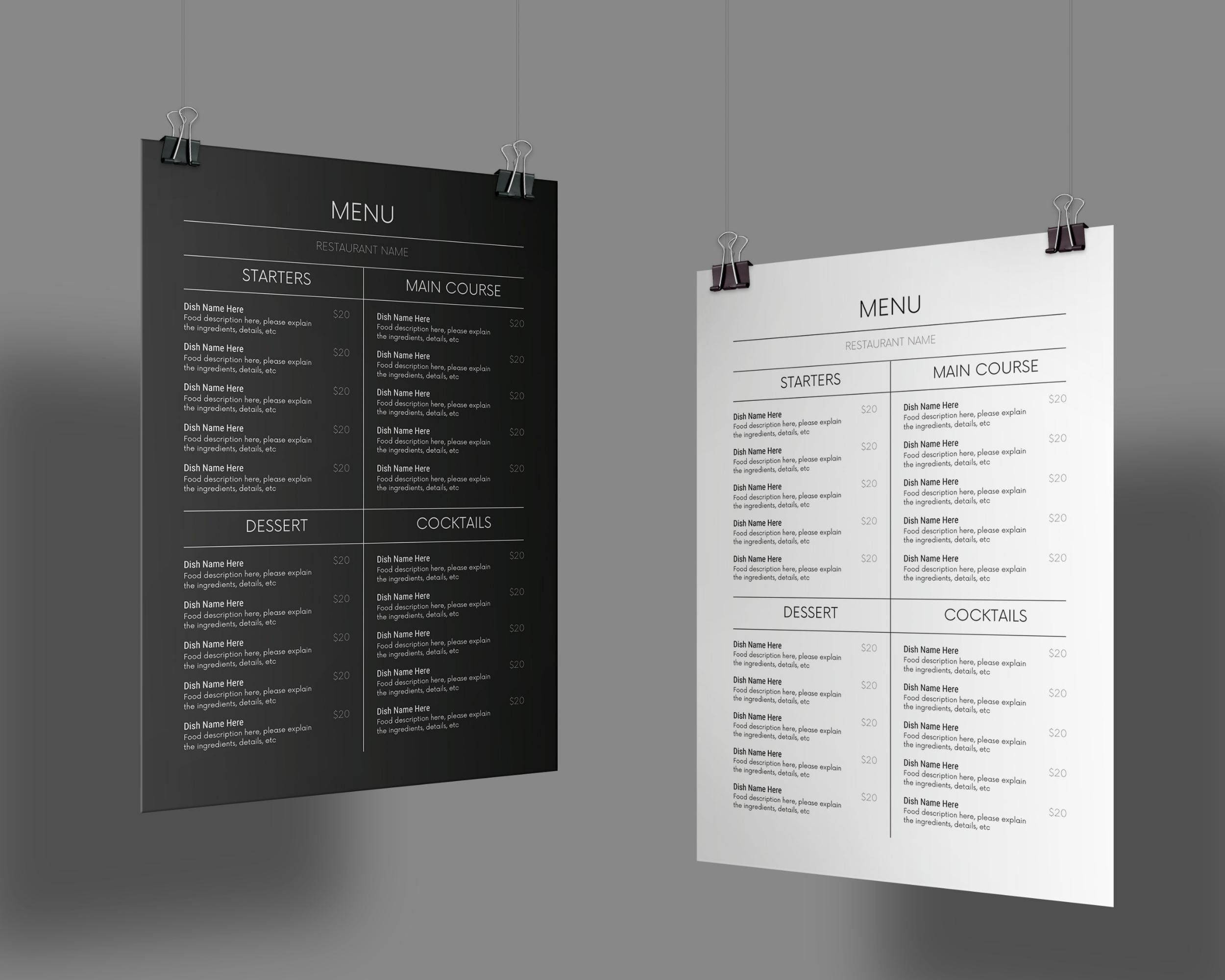 Bar Menu Template, Menu Card, Printable Restaurant Menu Template