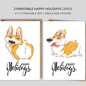 Kerstkaarten Corgi Printable, Merry Xmas Printable Card met Corgi Dog, Happy Holidays Printable 2 kaarten set, Printable Xmas Cards Corgi
