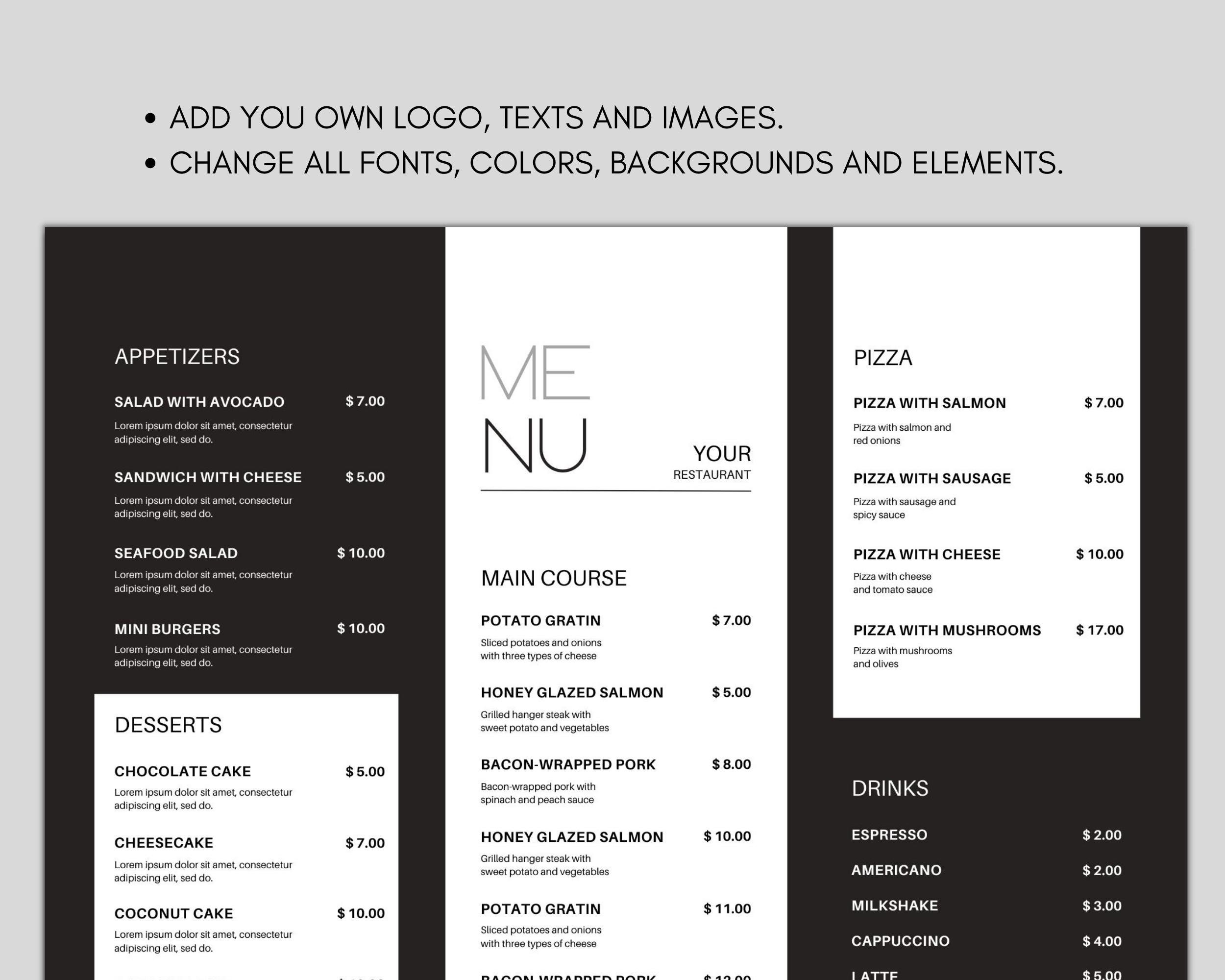 Restaurant Menu Template, Editable Food Menu Template, Restaurant Menu ...