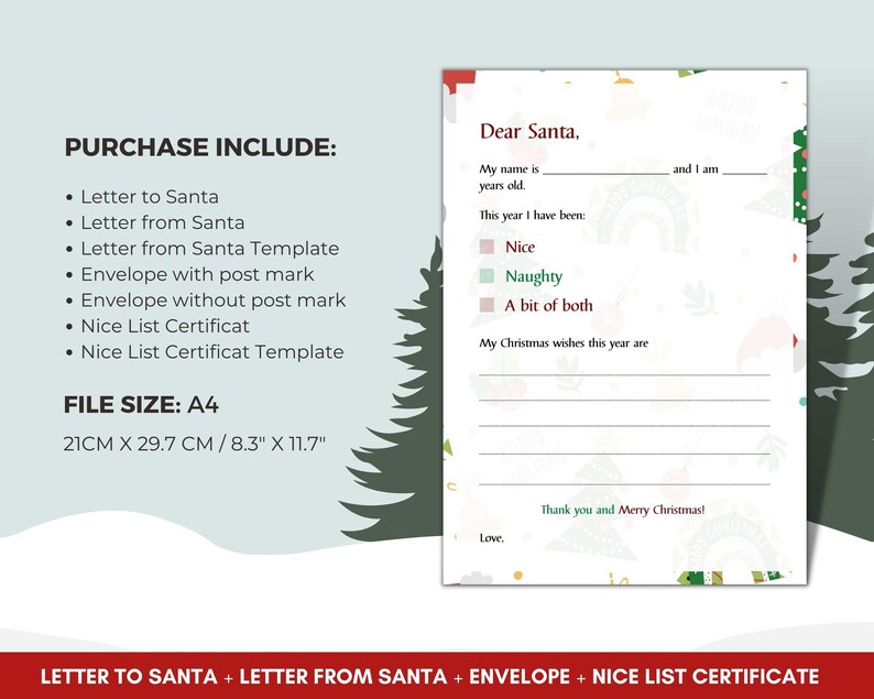 PRINTABLE Letter to Santa, Letter From Santa and Nice List Certificate ...