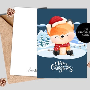 Carte de Noël « Cute Fox », Carte postale de Noël imprimable, Carte de Noël numérique