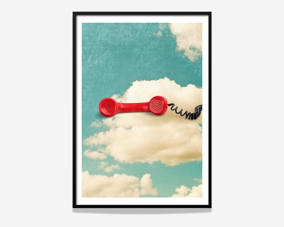 Retro Phone Wall Art, Retro Phone Poster, Red Phone and Clouds Poster