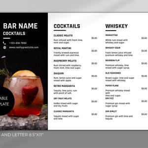 Modello per menu cocktail, modello modificabile per menu bevande, menu cocktail ristorante, modello menu bevande personalizzabile, menu prezzo cocktail