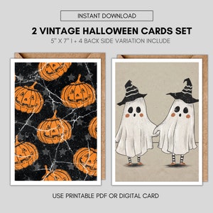 Carte d’Halloween vintage imprimable, ensemble de 2 cartes d’Halloween, carte Happy Halloween, carte imprimable citrouille, carte de vœux, ensemble de cartes d’Halloween