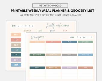 INSTANT DOWNLOAD Printable Grocery Download and Weekly Menu Planner ...