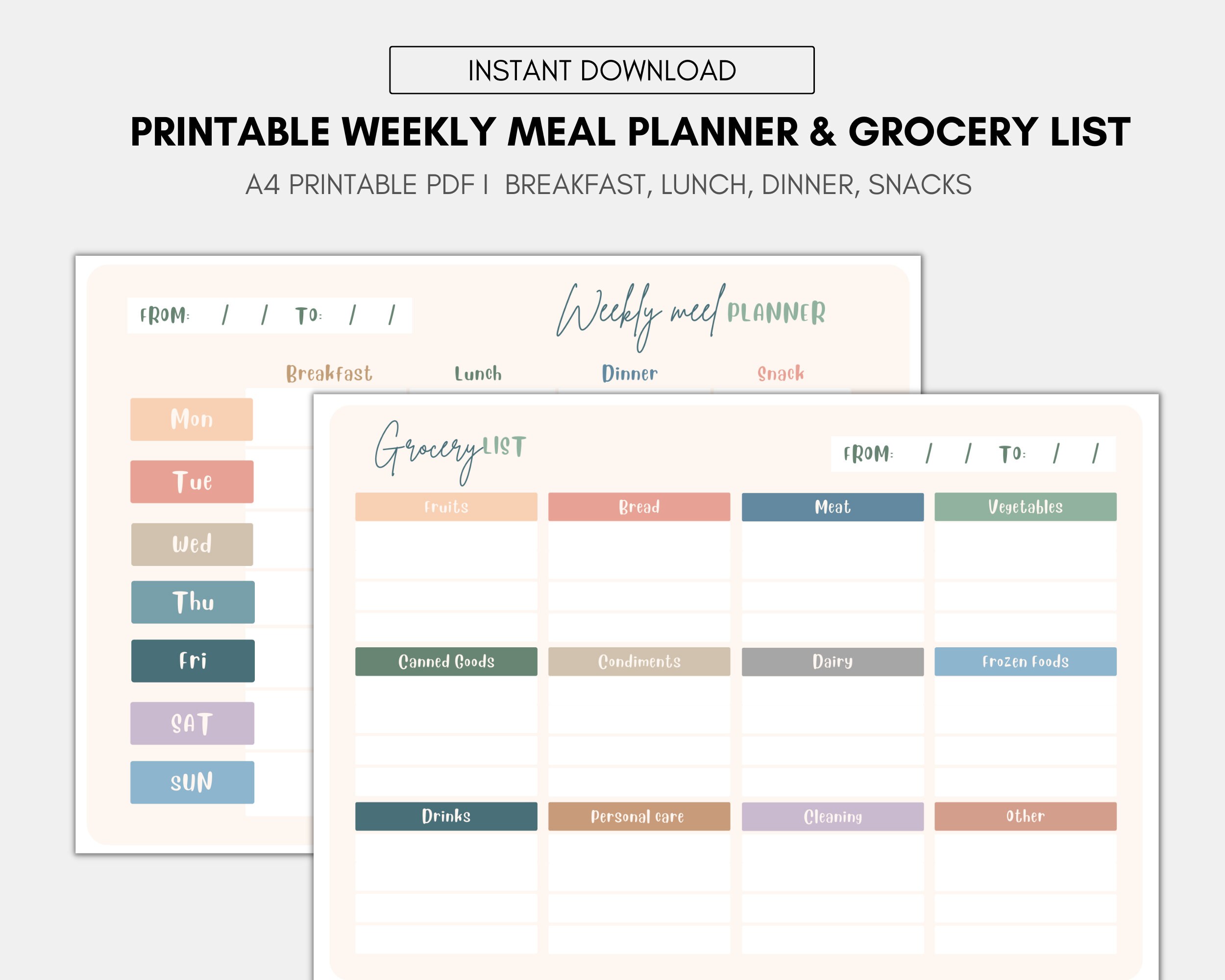 INSTANT DOWNLOAD Printable Grocery List and Weekly Menu Planner ...