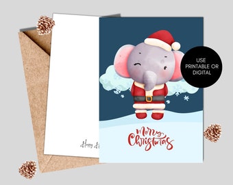 Christmas card "Cute Elephant", Digital Download Postcard, Christmas card Printable, Xmas Postcard, Xmas cards