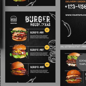 Può includere: Un modello di menu in bianco e nero per un ristorante di hamburger chiamato "Burger House, Texas". Il menu presenta tre diversi hamburger con i prezzi indicati. Il menu include anche il numero di telefono e l'indirizzo del sito web del ristorante.