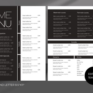 Plantilla de menú de restaurante, Plantilla de menú de comida editable, Menú de comida de restaurante, Plantilla de menú de comida personalizable. Menú del restaurante imprimible