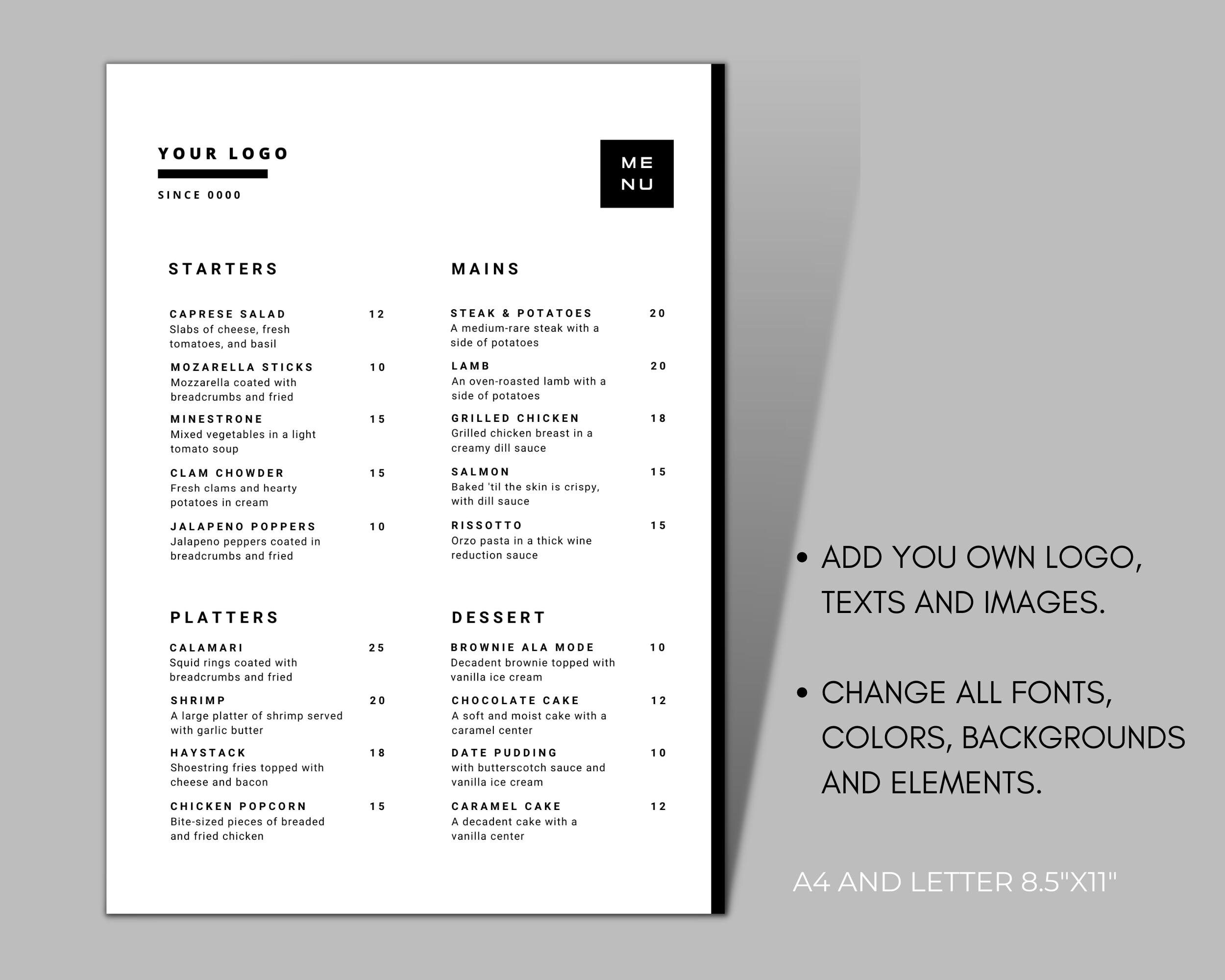 Restaurant Menu Template, Editable Food Menu Template, Restaurant Food ...