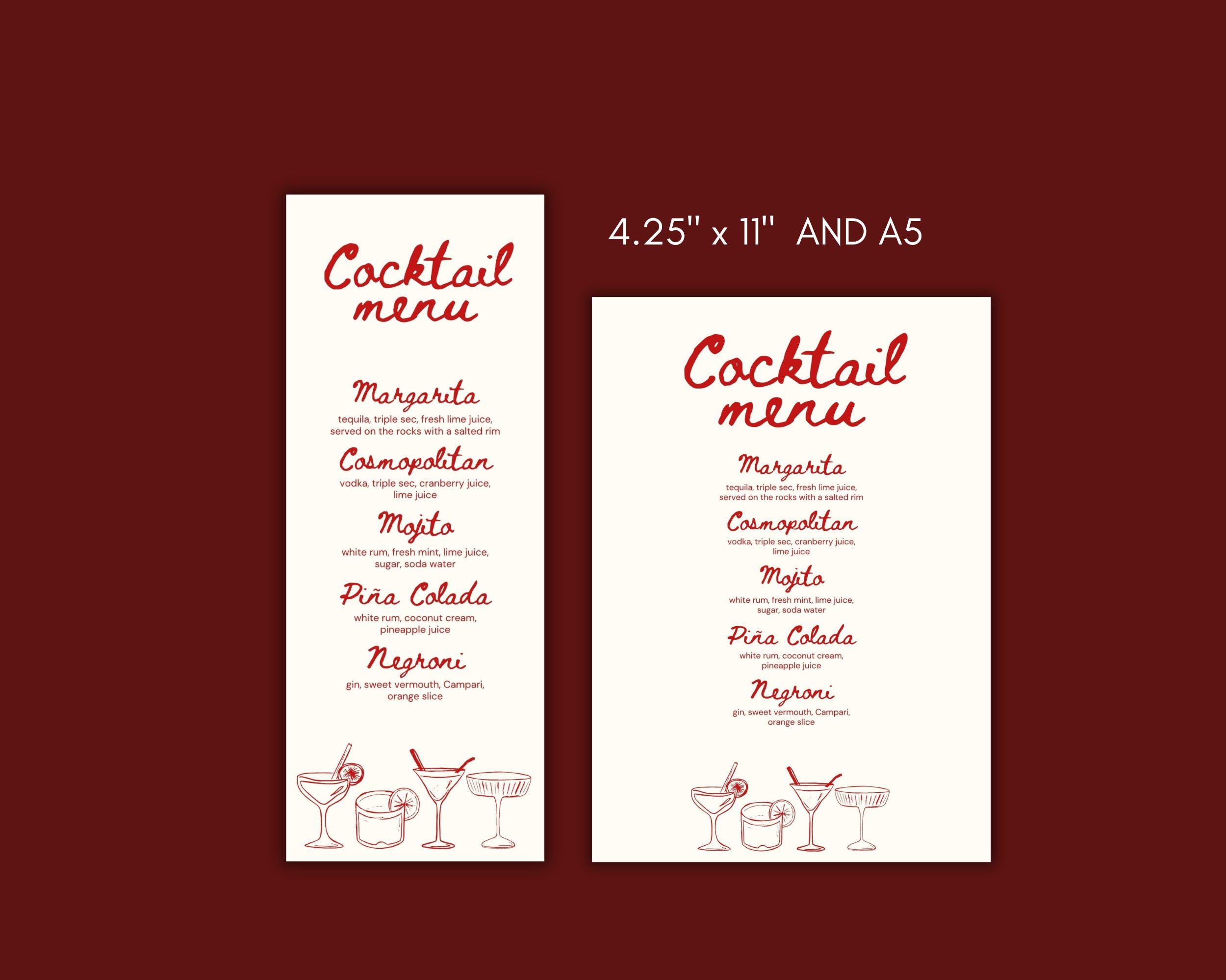 Cocktail Menu Template | Editable Canva Bar Menu | Printable Drink List ...