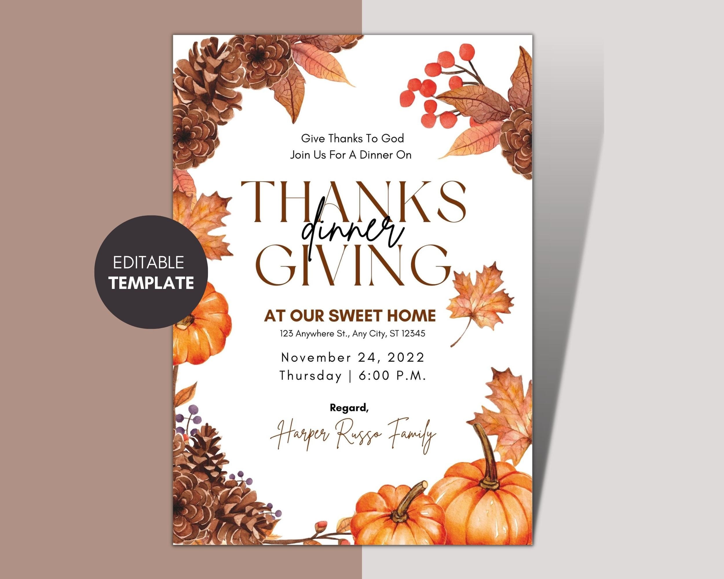 Thanksgiving Invitation Template, Printable Thanksgiving Invitation ...