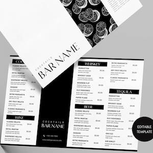 Modello menu cocktail, modello menu bevande modificabile, menu cocktail ristorante, modello menu bevande personalizzabile, menu prezzo bar,