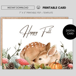 Carte et modèle d’automne imprimables, carte d’automne heureuse, carte de vœux d’automne, carte imprimable Deer Bambi, carte de vœux d’automne, carte postale