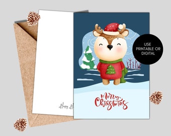 Xmas Card "Cute Deer", Printable Christmas card, Digital Christmas cards, Xmas Postcard, Christmas Postcard Printable