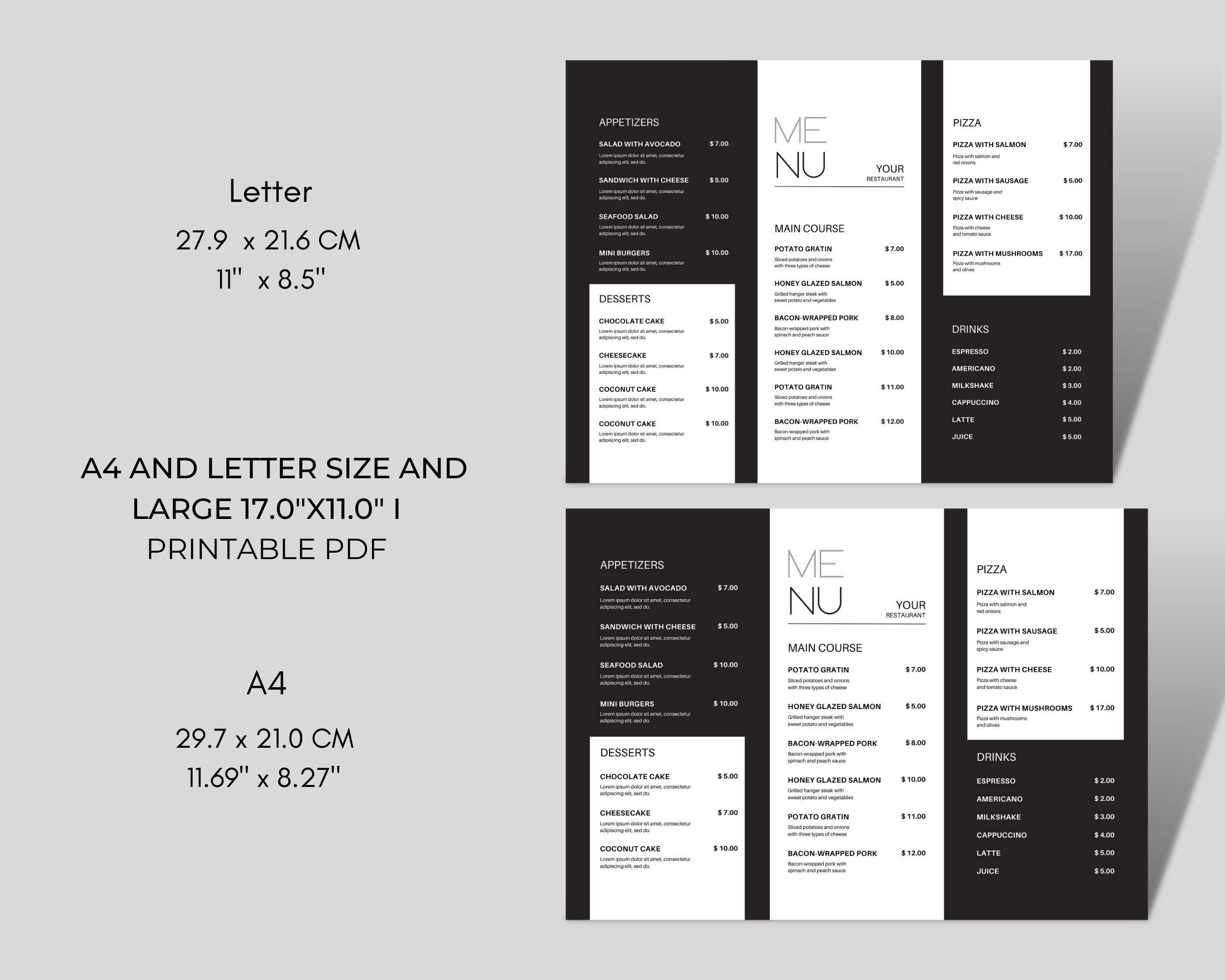 Restaurant Menu Template, Editable Food Menu Template, Restaurant Menu ...