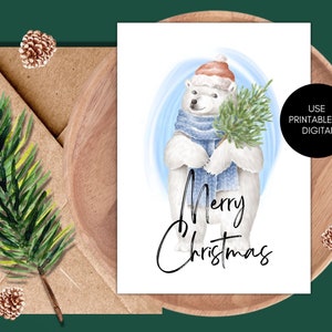 Cartolina di Natale stampabile, cartolina digitale con orso bianco, cartolina di Natale, cartolina di buon Natale, cartolina di Natale