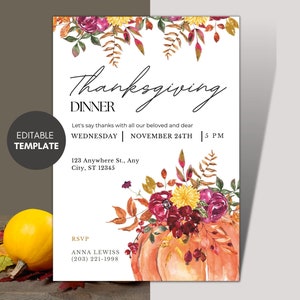 Thanksgiving Invitation, Printable Thanksgiving Invitation, Thanksgiving Invitation Template, Pumpkin Thanksgiving Dinner Invitation