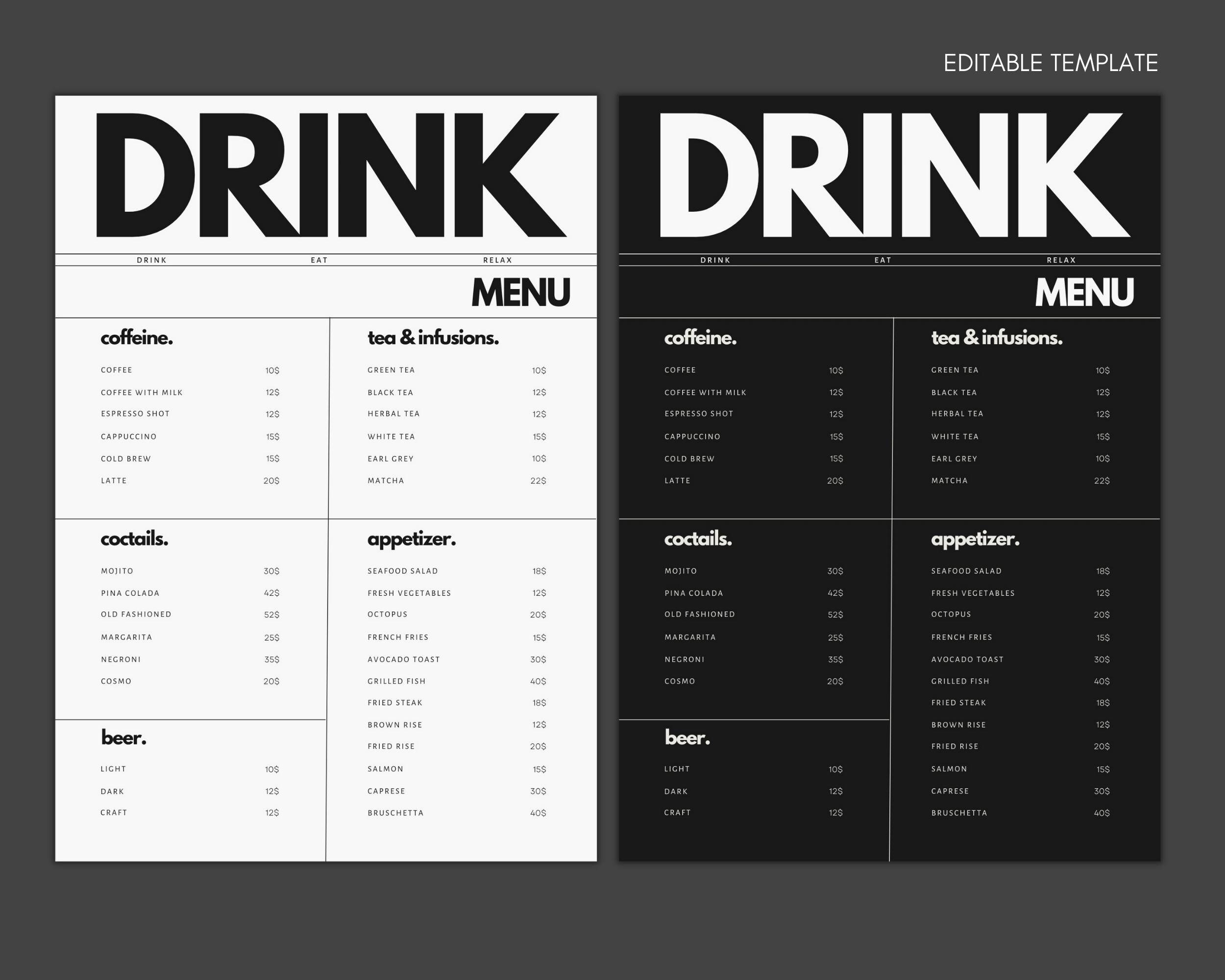 Bar Menu Template Menu Card Printable Menu Template Editable Bar 
