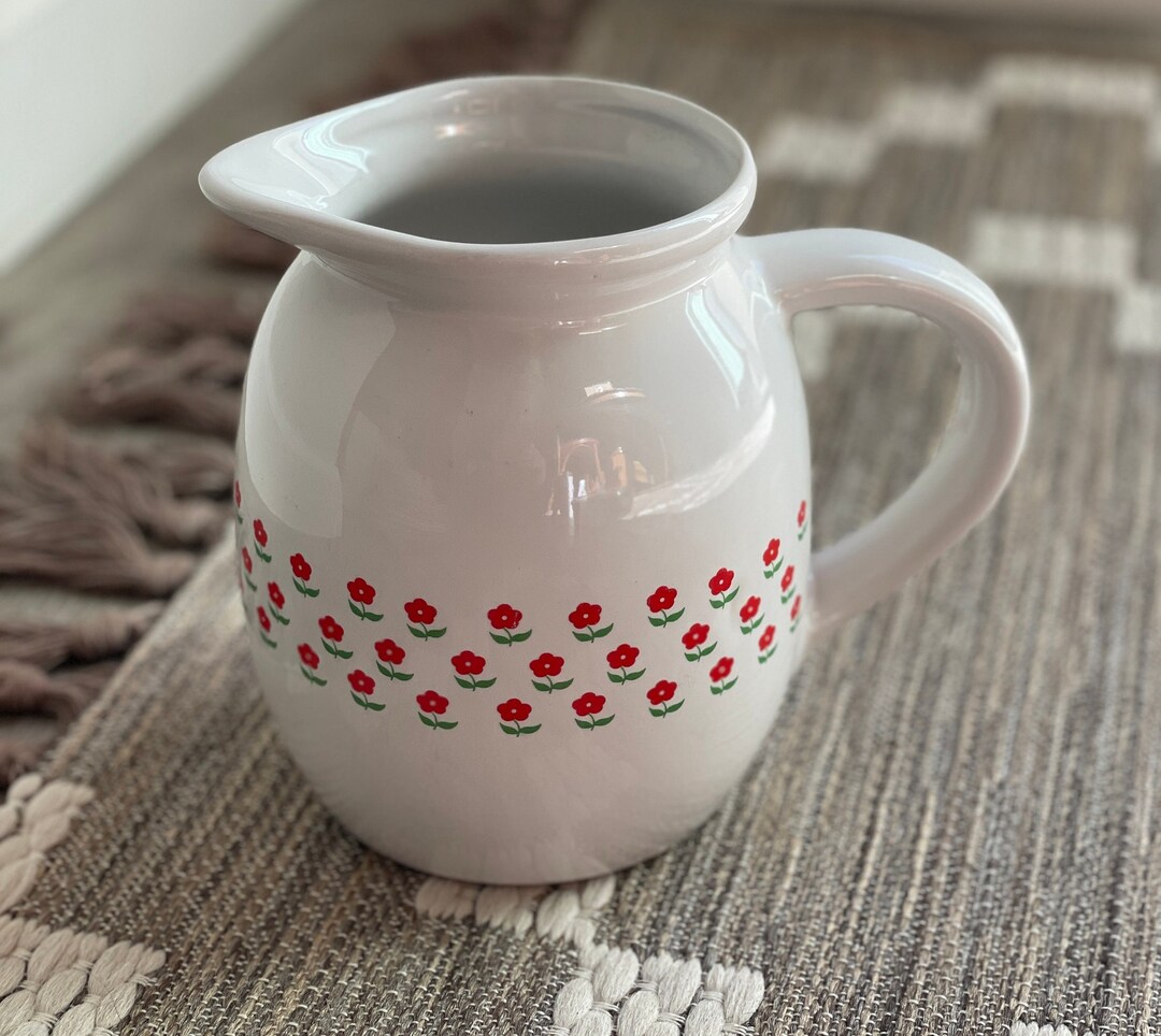 Vintage White Pitcher Vase With Red Flowers/ Pitcher With Etsy