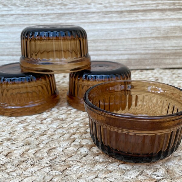 Vintage Brown Amber Glass Ramekins (Set of 4) by Anchor Hocking USA/ #1434 Custard Bowls Retro Bakeware