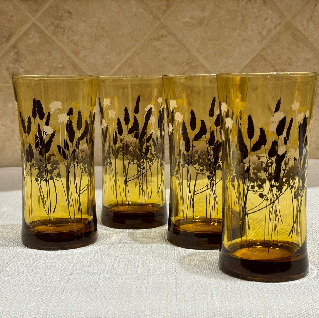 Set of 4 MCM Amber Brown Tinted Glass Tumblers Set/ Cattails and Reeds