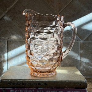 Vintage Pink Glass Pitcher/ Mid Century Cubist Style American Whitehall Water Drink Pitcher