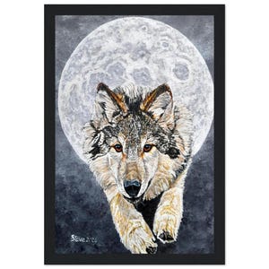 Full Moon Wolf Fine Art Wooden Framed Poster