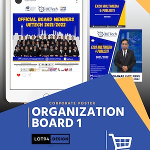 Op de afbeelding: Een blauwe en gele bedrijfsposter met de tekst "ORGANIZATION BOARD 1" en "LOT94 DESIGN 2023". De poster bevat ook een website-adres: https://lot94design.etsy.com. Een winkelwagenpictogram bevindt zich in de rechterbenedenhoek.