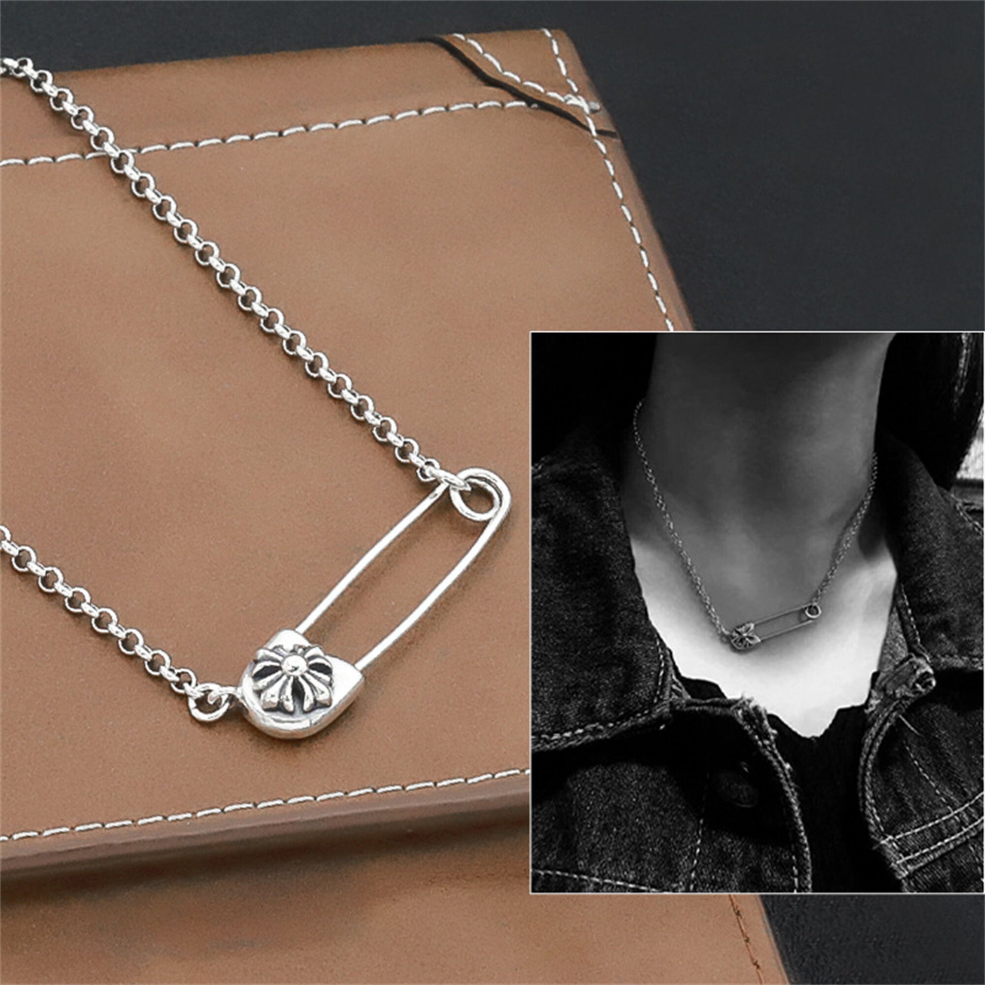 SAFETY PIN front clasp necklace in sterling silver -- wear by