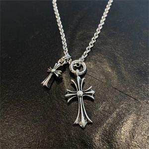 S925 Sterling Silver Double Cross Necklace, Retro Handmade Chrome ...