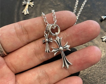 Collana doppia croce in argento sterling S925, collana pendente giocatore hiphop in stile retro cuori cromati fatti a mano, regalo di San Valentino per lui