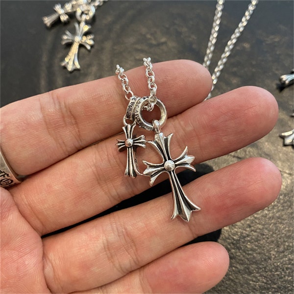 S925 sterling silver Double cross necklace, Retro handmade chrome hearts style hiphop  player pendant necklace,valentine's gift for him