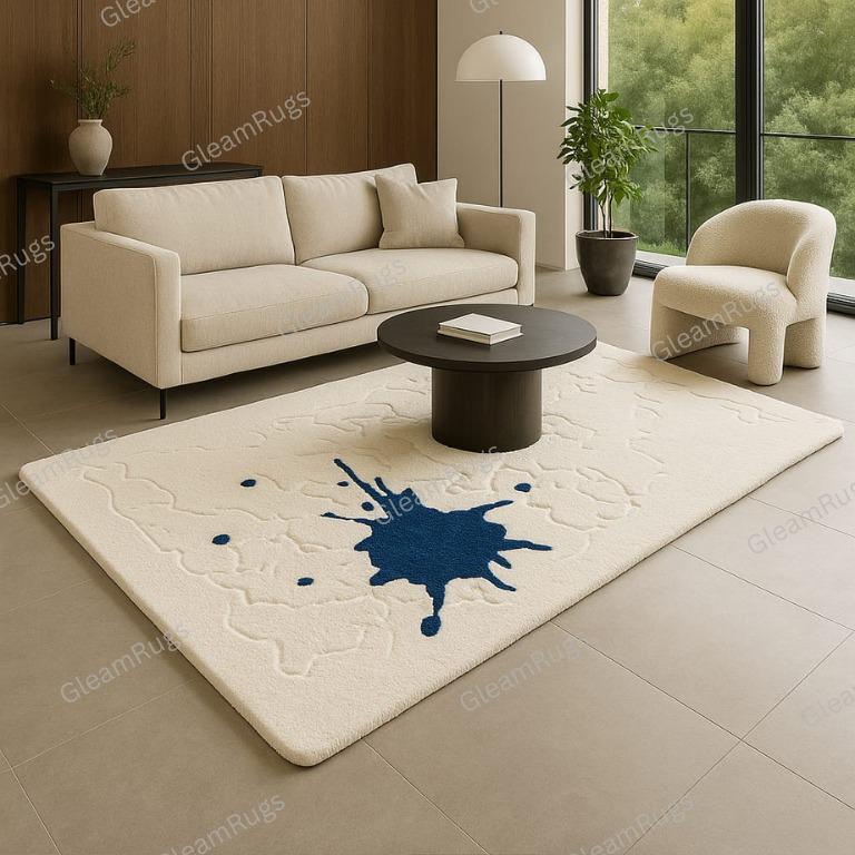 Toom Rug Drip Hand-tufted Wool Abstract Rug: Cream & Royal Blue Paint-drip Design - Etsy