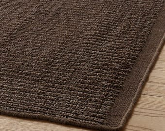 Handwoven Wool Area Rug - Dark Brown Charcoal Flatweave Carpet, Ribbed Textured Chocolate Brown Rug, Modern Minimalist Decor