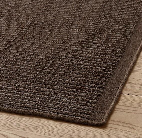 Handwoven Wool Area Rug - Dark Brown Charcoal Flatweave Carpet, Ribbed Textured Chocolate Brown Rug, Modern Minimalist Decor