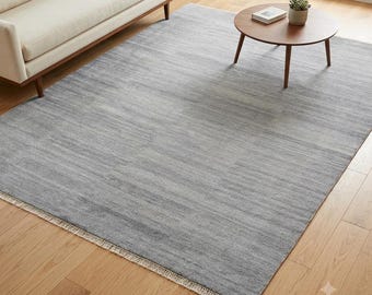Light Grey Hand Knotted Wool Area Rug | Solid Color Heathered Silver Plush Textured Rug | Modern Minimalist Bedroom Living Room Carpet
