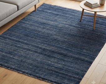 Navy Blue Hand Knotted Wool Area Rug | Solid Color Heathered Deep Indigo Plush Textured Rug | Modern Minimalist Bedroom Living Room Carpet