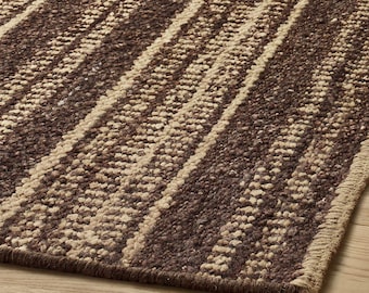 Dark Brown Striped Wool Kilim Rug, Espresso Beige Flatweave Area Rug, Modern Industrial Living Room Carpet, Organic Texture Rug