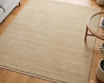 Beige Sand Hand Knotted Wool Area Rug | Solid Color Natural Tan Plush Textured Rug with Fringe | Modern Minimalist Bedroom Living Room