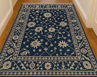 Hand Knotted Navy Blue Persian Oushak Rug: Floral Wool, 8x10 to 12x18