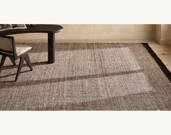 Dark Brown Wool Kilim Rug with Fringe – Rustic Charcoal Flatweave Area Rug for Living Room, Minimalist Neutral Floor Mat