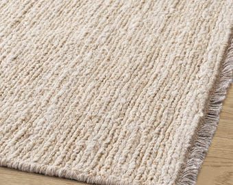 Sand Wool Kilim Rug, Melange Beige Taupe Flatweave Area Rug, Modern Japandi & Coastal Minimalist Living Room Carpet, Textured Neutral Rug