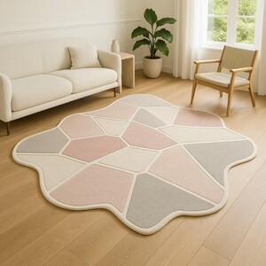 Blush Mosaic Bloom Hand Tufted Wool Rug 4x4 5x5 6x6 7x7 8x8 9x9 10x10 Modern Irregular Area Rug for Living Room Bedroom Aesthetic Home Decor