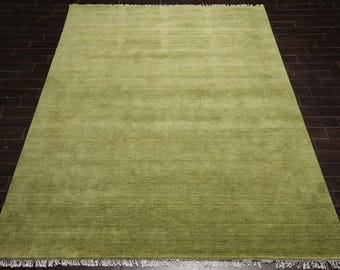 Hand Knotted Olive Green Wool Rug: Modern Minimalist Design