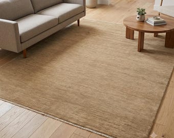 Camel Tan Hand Knotted Wool Area Rug | Solid Color Heathered Warm Brown Plush Textured Rug | Modern Minimalist Bedroom Living Room Carpet