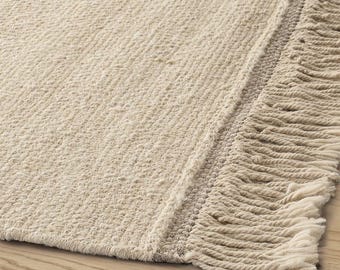 Beige Wool Kilim Rug with Fringe – Minimalist Cream Flatweave Area Rug for Living Room, Boho Japandi Neutral Floor Mat